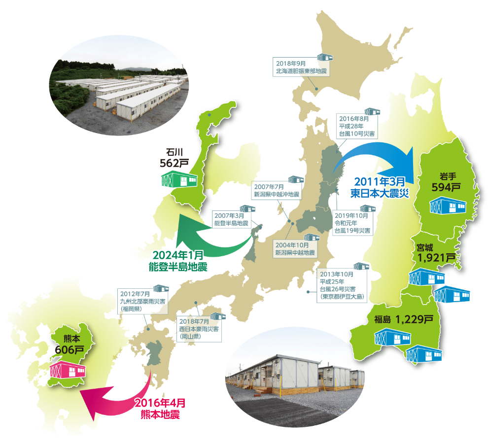 [応急仮設住宅]2024年1月 能登半島地震　石川：562戸／2016年4月 熊本地震　熊本：606戸／2011年3月 東日本大震災　岩手：594戸・宮城：1,921戸・福島：1,229戸